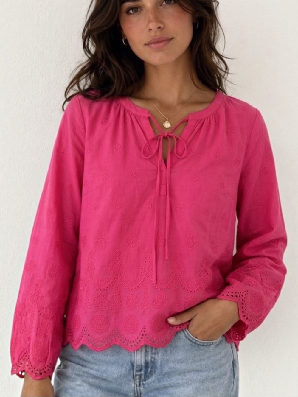 Talbots Subtle Embroidered Eyelet Rayon Peasant Pink Boho Top Sz X fits L, XL